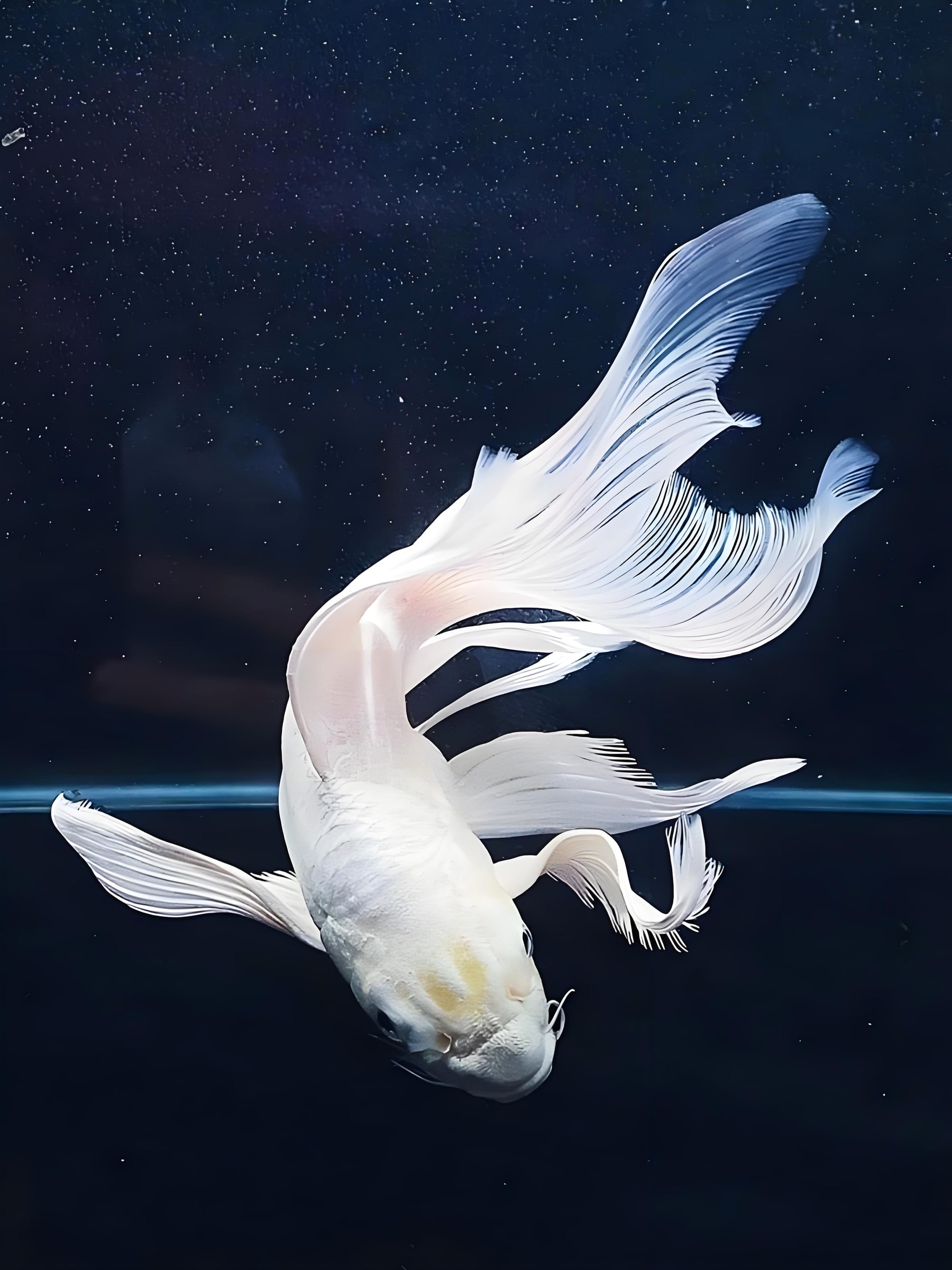 White butterfly koi turning in an aquarium with long pectoral and tail fins.