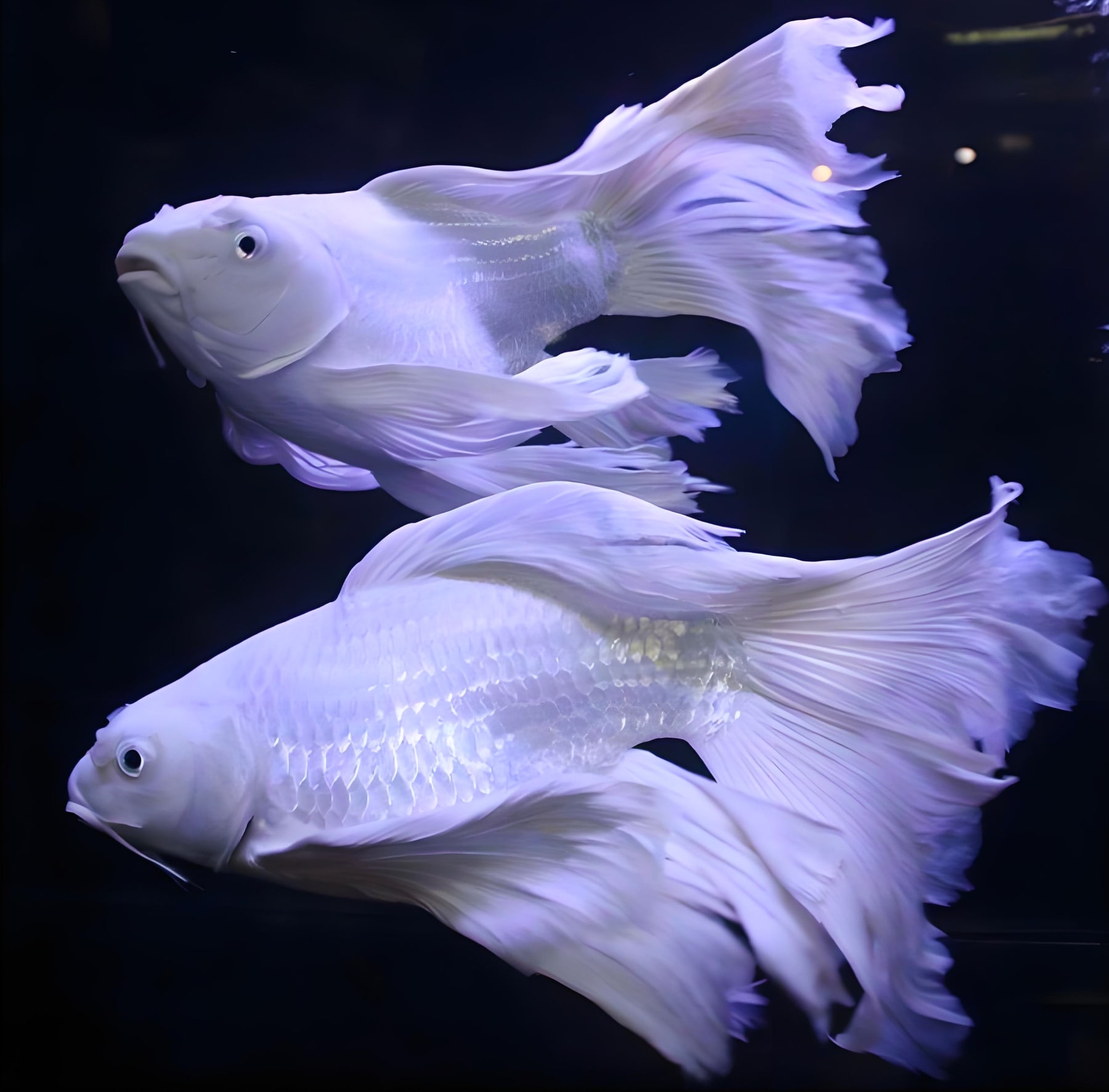 Two white butterfly koi with extended fins in an aquarium.
