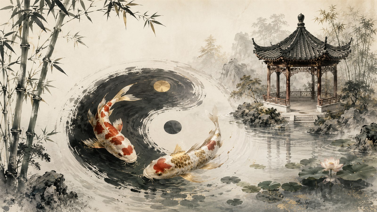Ink-style Chinese garden scene with bamboo, pavilion, water, tai chi symbol, and two koi.