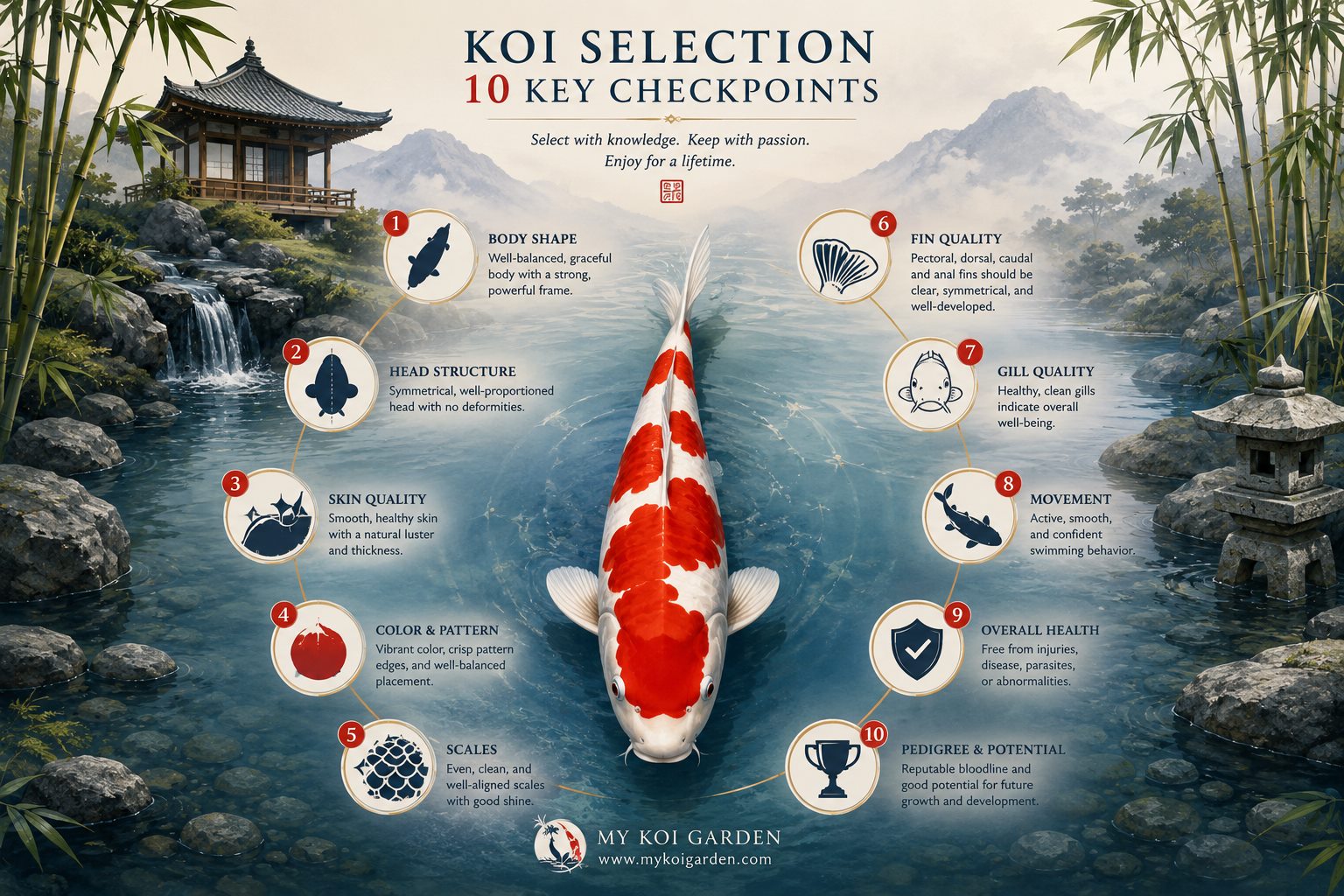 Illustrated koi selection guide showing ten buying checkpoints around a Kohaku koi in a garden pond.